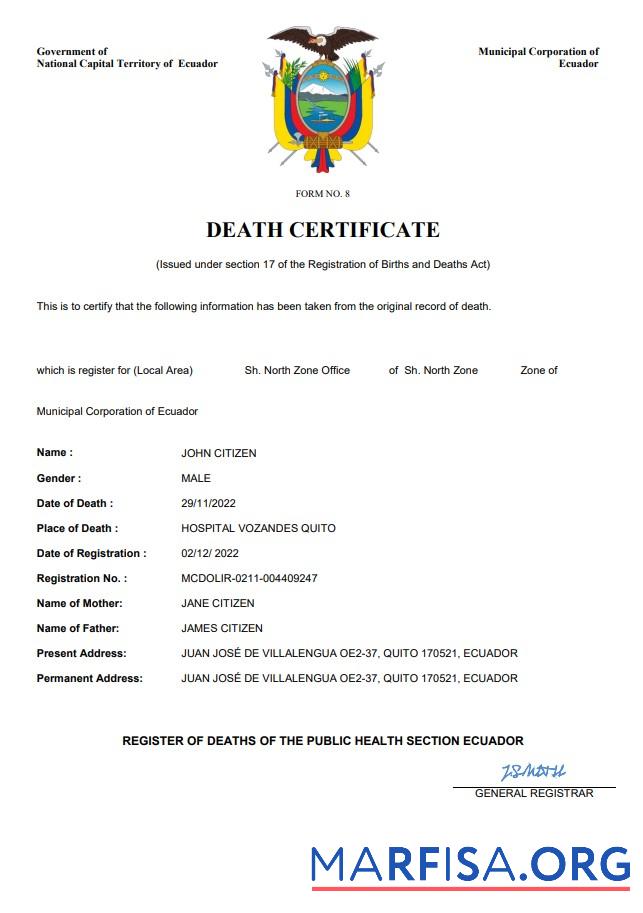 Blank Ecuador vital record death certificate Word and PDF template